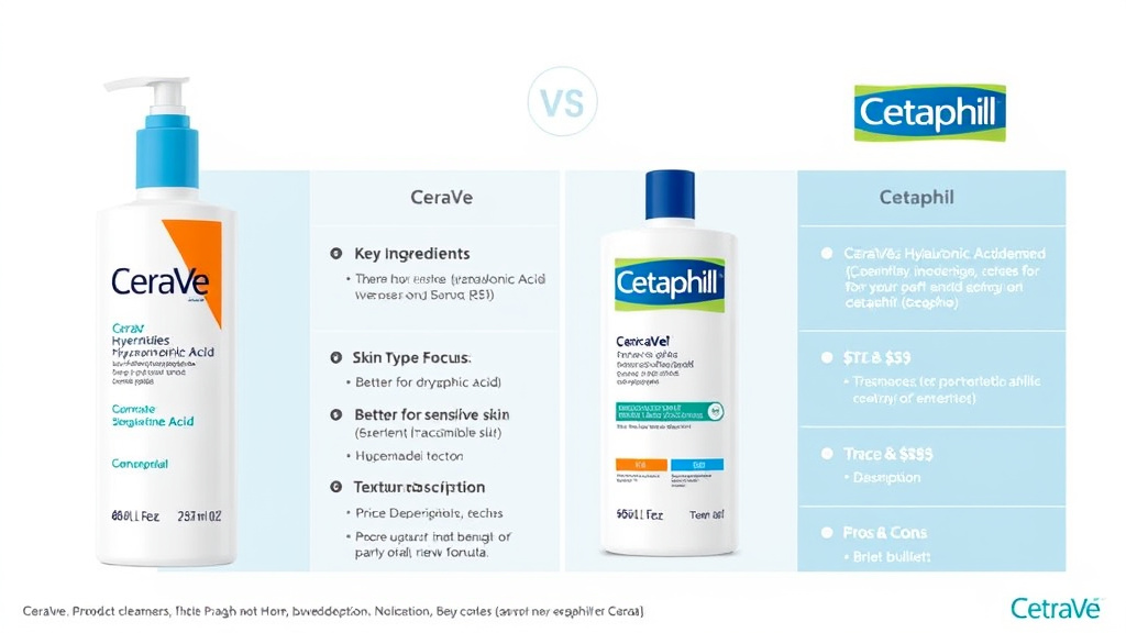 Infographic comparing CeraVe vs Cetaphil cleansers ingredients, benefits and skin types